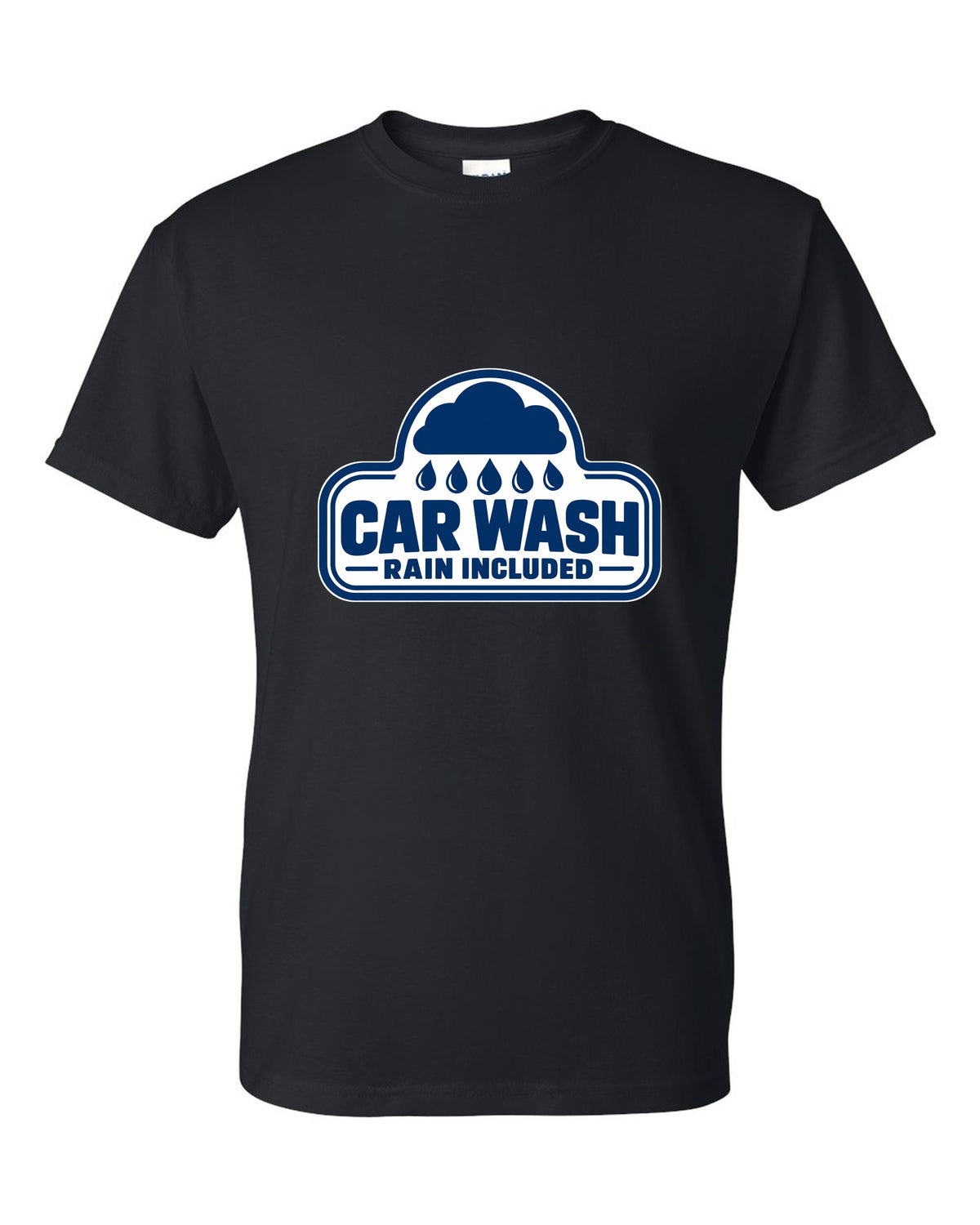 Rounded car wash sign under a raincloud with drops black t-shirt front view with the design