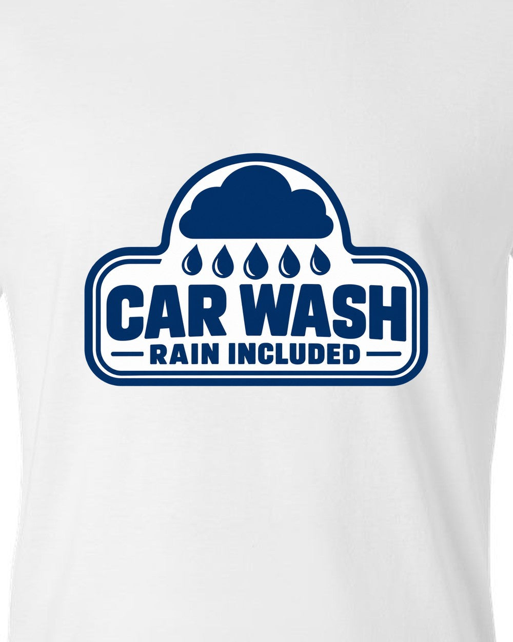 Rounded car wash sign under a raincloud with drops white t-shirt close-up