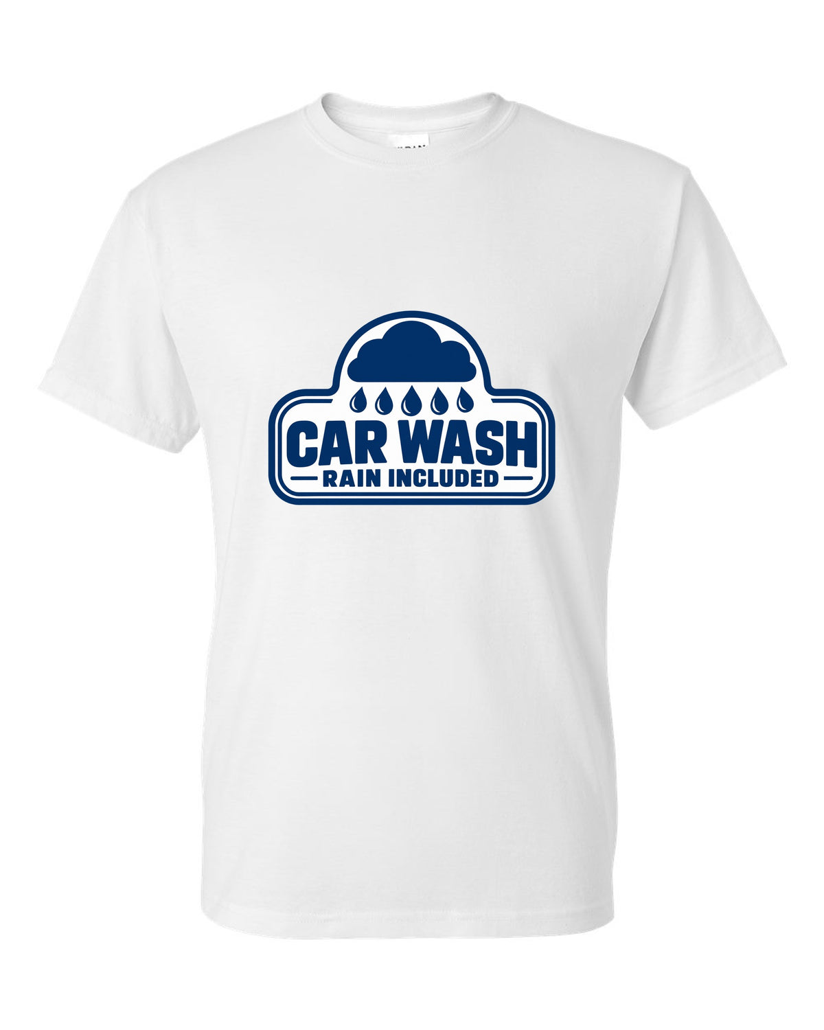 Rounded car wash sign under a raincloud with drops white t-shirt front view with the design