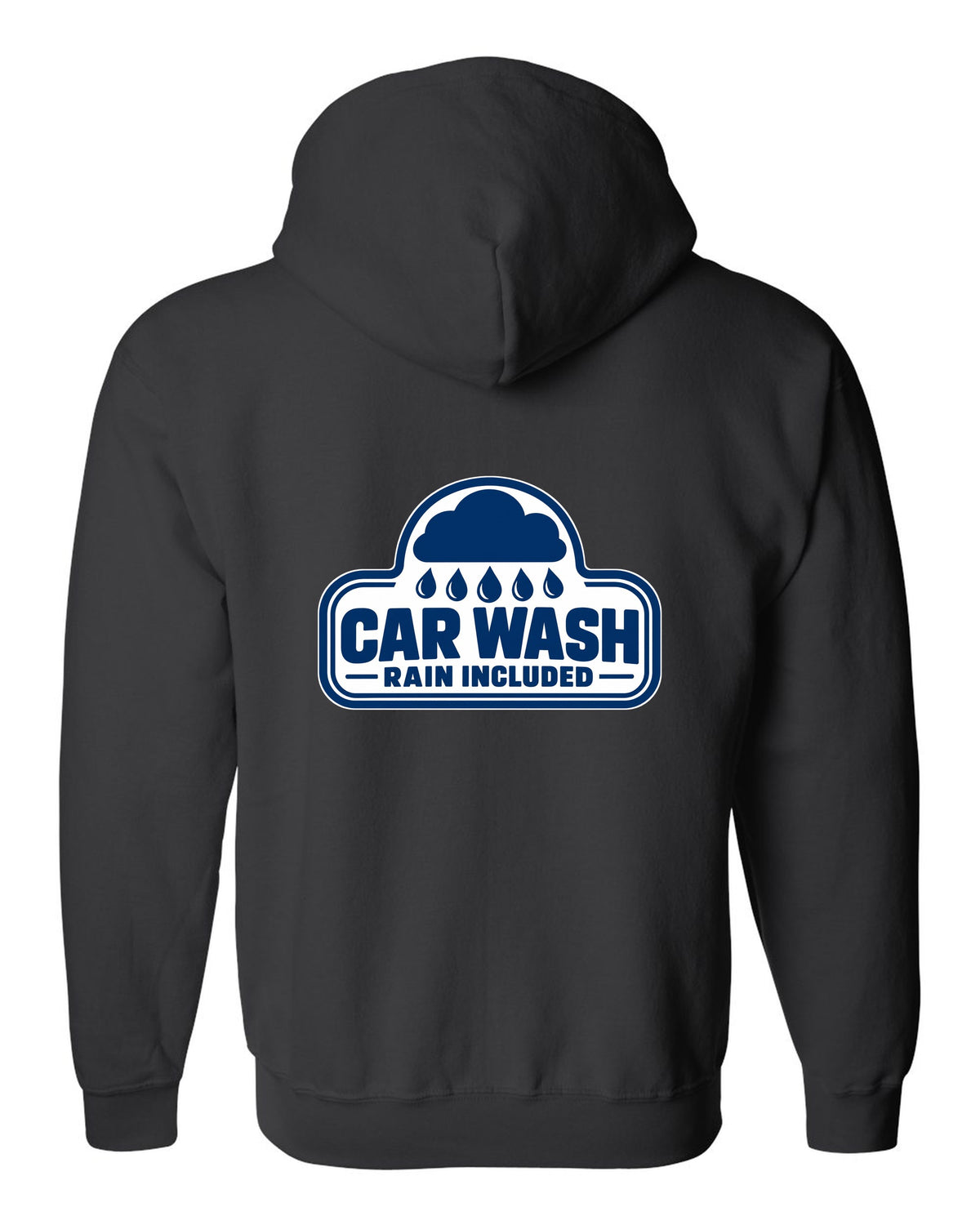 Rounded car wash sign under a raincloud with drops black zip hoodie back view with the design
