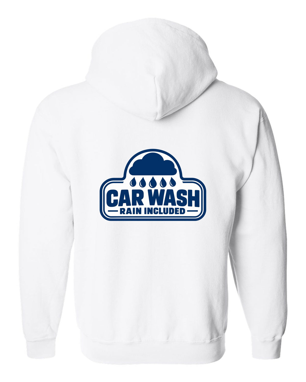 Rounded car wash sign under a raincloud with drops white zip hoodie back view with the design
