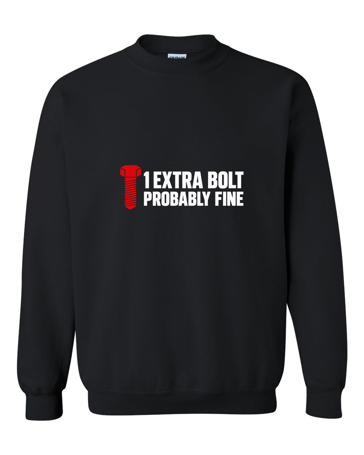 Large hex bolt silhouette beside two lines of text black crewneck front view with the design