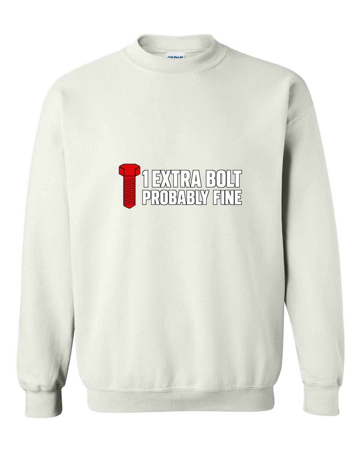 Large hex bolt silhouette beside two lines of text white crewneck front view with the design