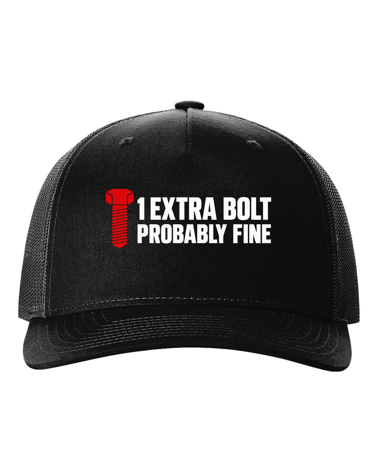 Large hex bolt silhouette beside two lines of text black hat front view with the design