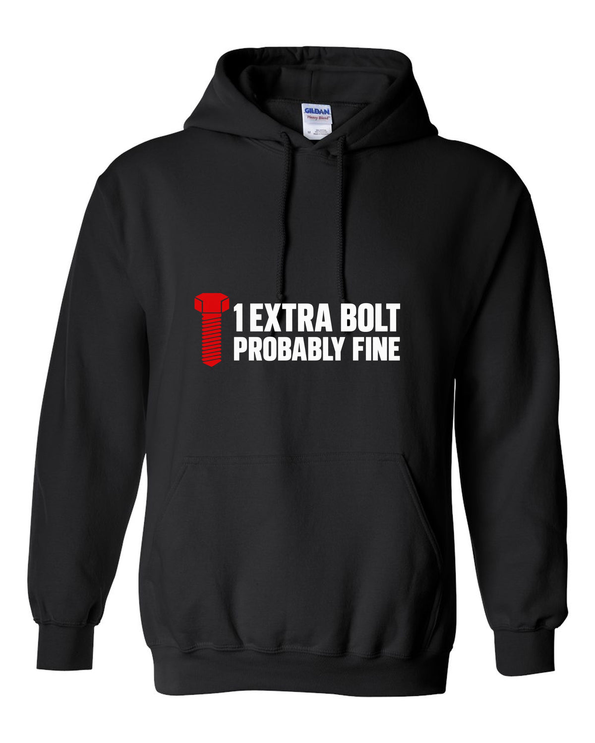 Large hex bolt silhouette beside two lines of text black pull over hoodie front view with the design