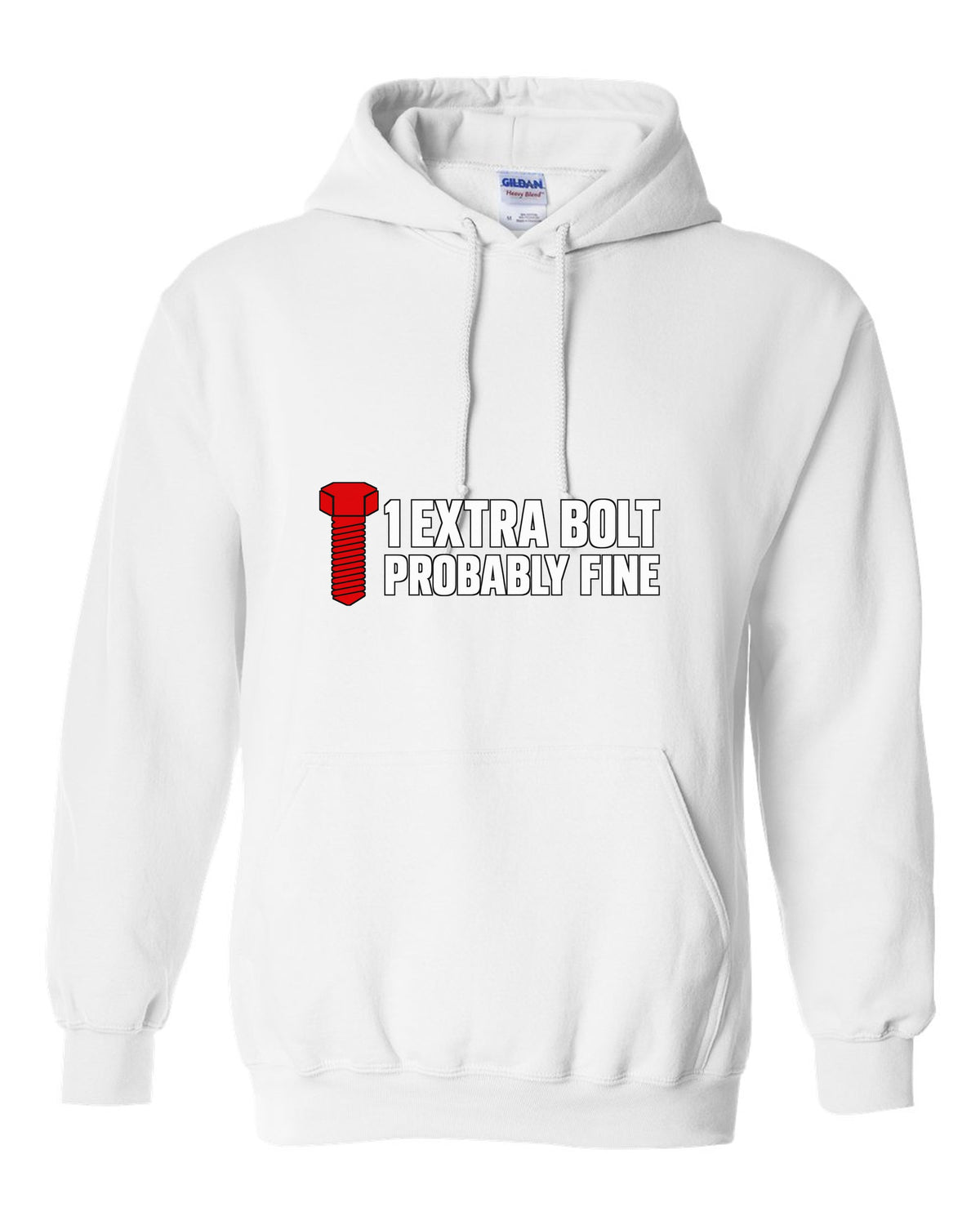 Large hex bolt silhouette beside two lines of text white pull over hoodie front view with the design