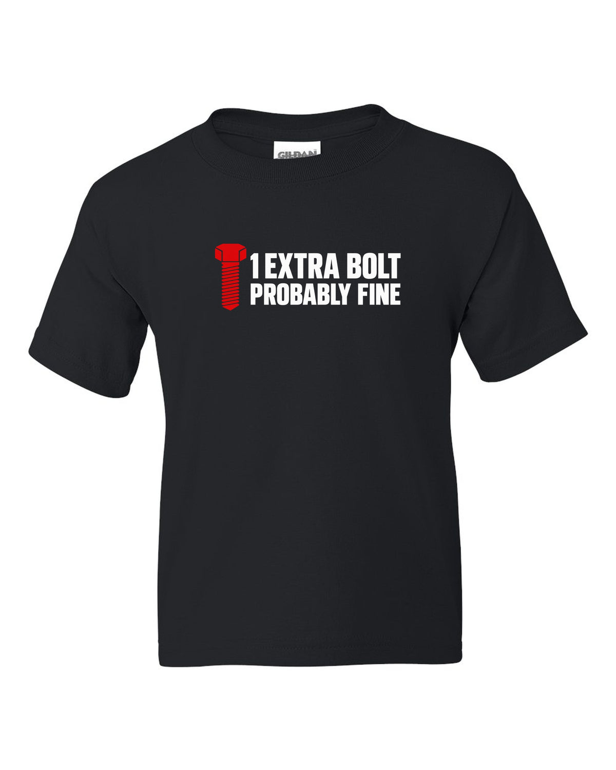 Large hex bolt silhouette beside two lines of text black kids tee front view with the design