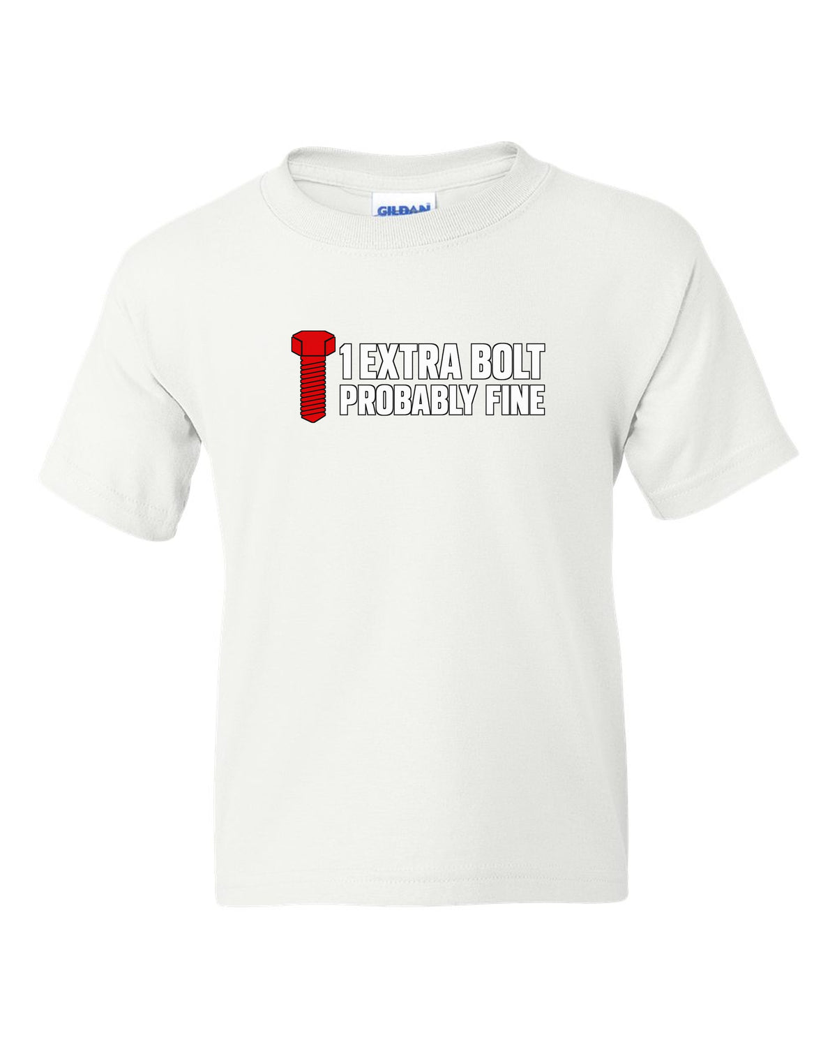 Large hex bolt silhouette beside two lines of text white kids tee front view with the design
