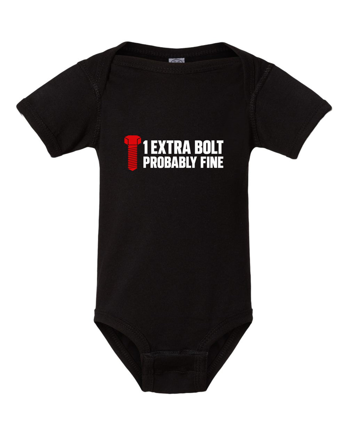 Funny Extra Bolt Shirt for Mechanics and Car Guys black baby onesie front view with the design
