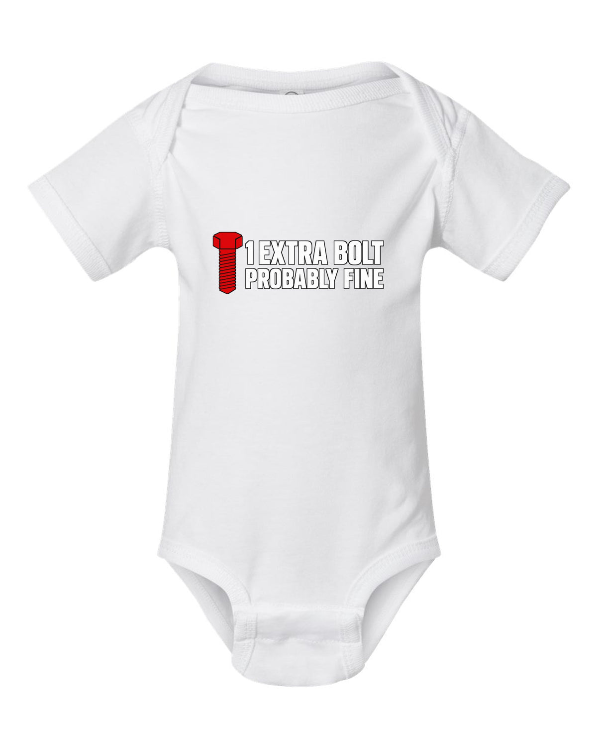 Funny Extra Bolt Shirt for Mechanics and Car Guys white baby onesie front view with the design