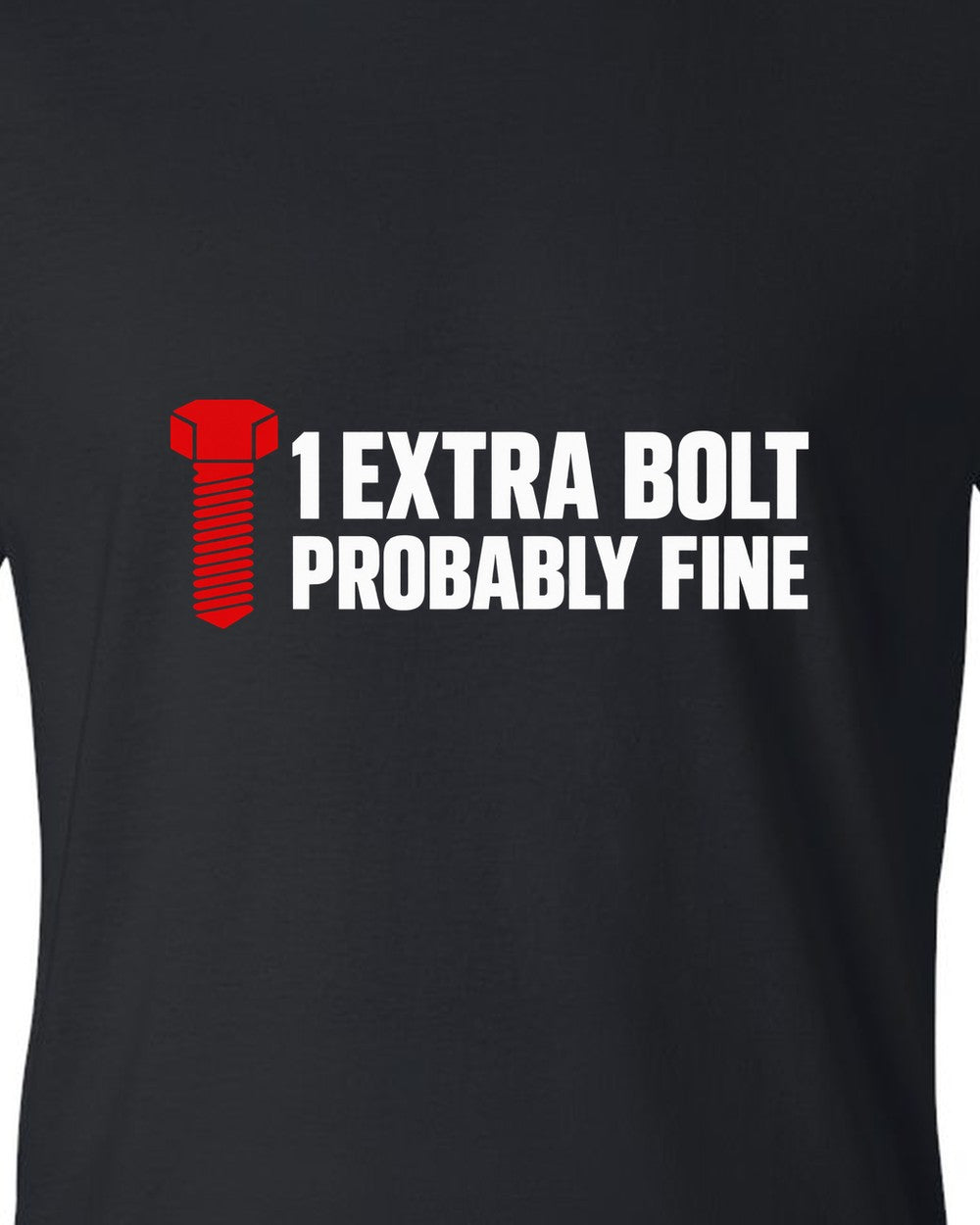 Large hex bolt silhouette beside two lines of text black t-shirt close-up