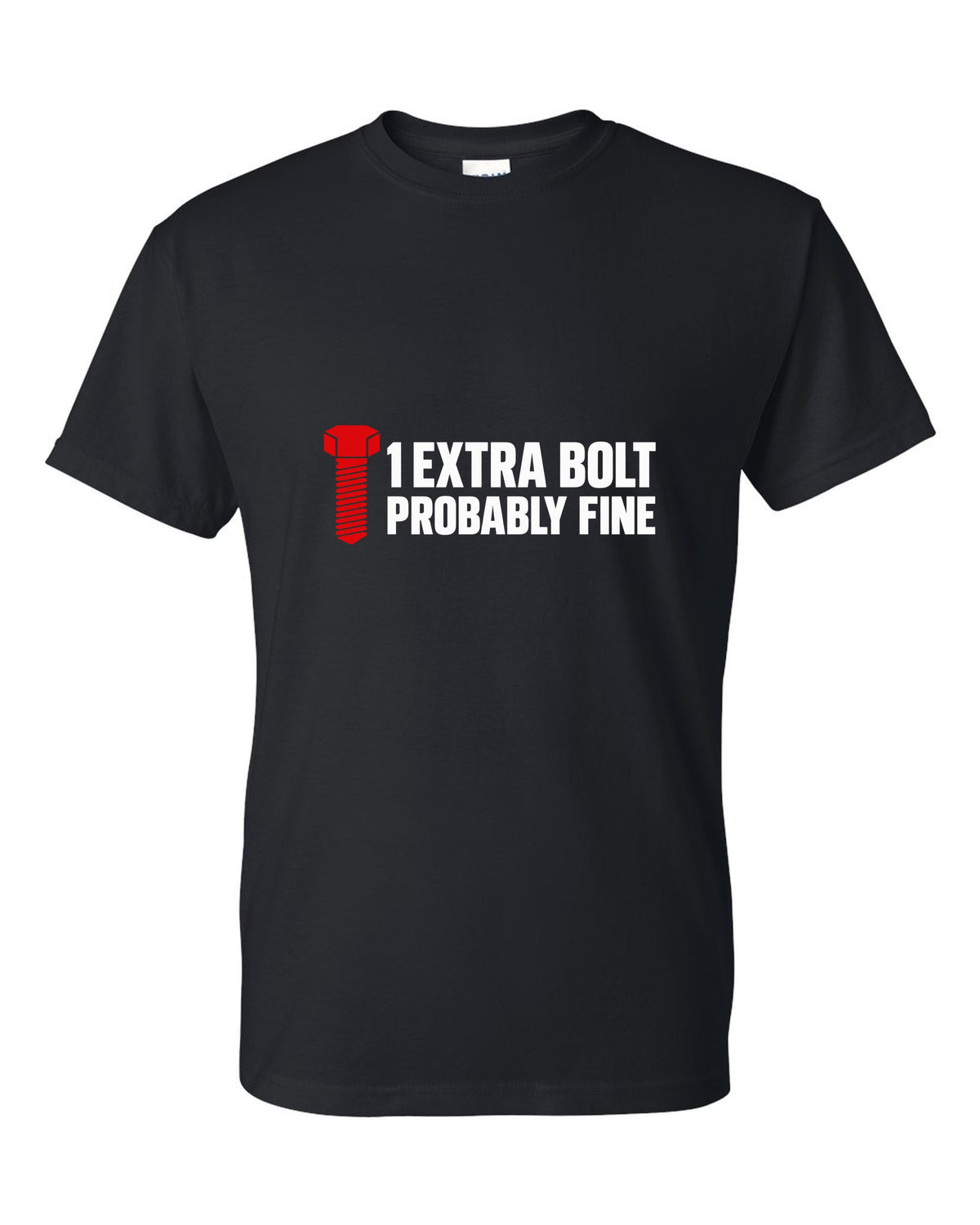 Large hex bolt silhouette beside two lines of text black t-shirt front view with the design