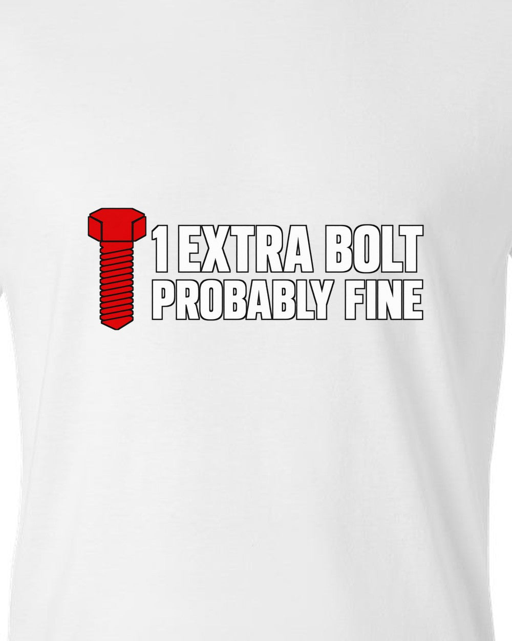 Large hex bolt silhouette beside two lines of text white t-shirt close-up