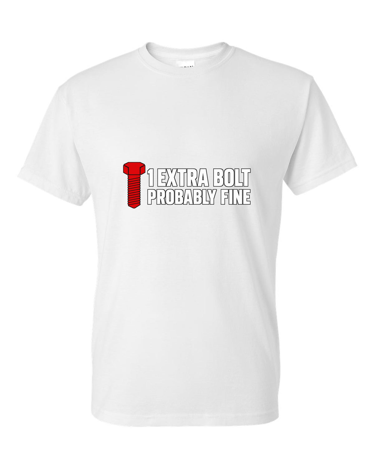 Large hex bolt silhouette beside two lines of text white t-shirt front view with the design