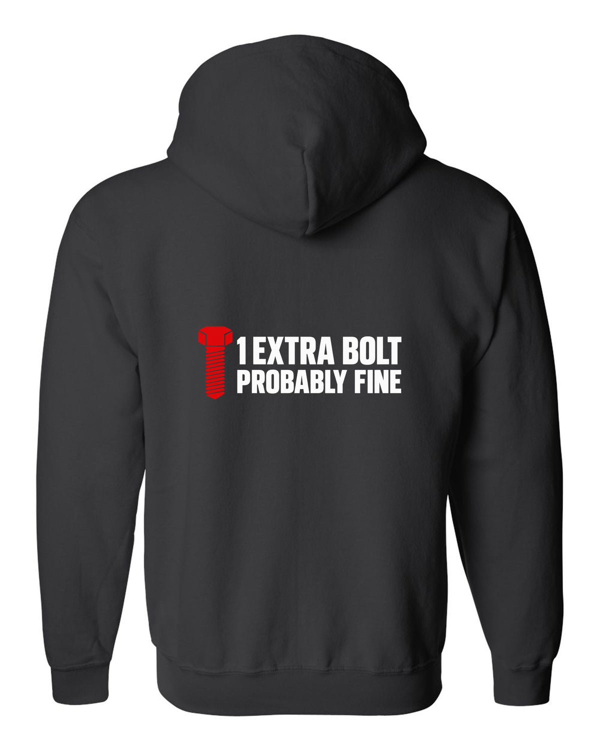 Large hex bolt silhouette beside two lines of text black zip hoodie back view with the design