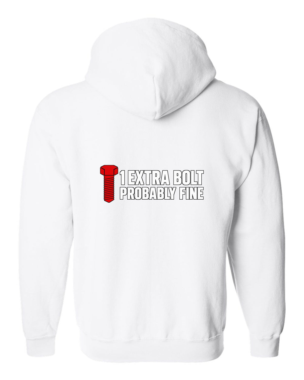 Large hex bolt silhouette beside two lines of text white zip hoodie back view with the design