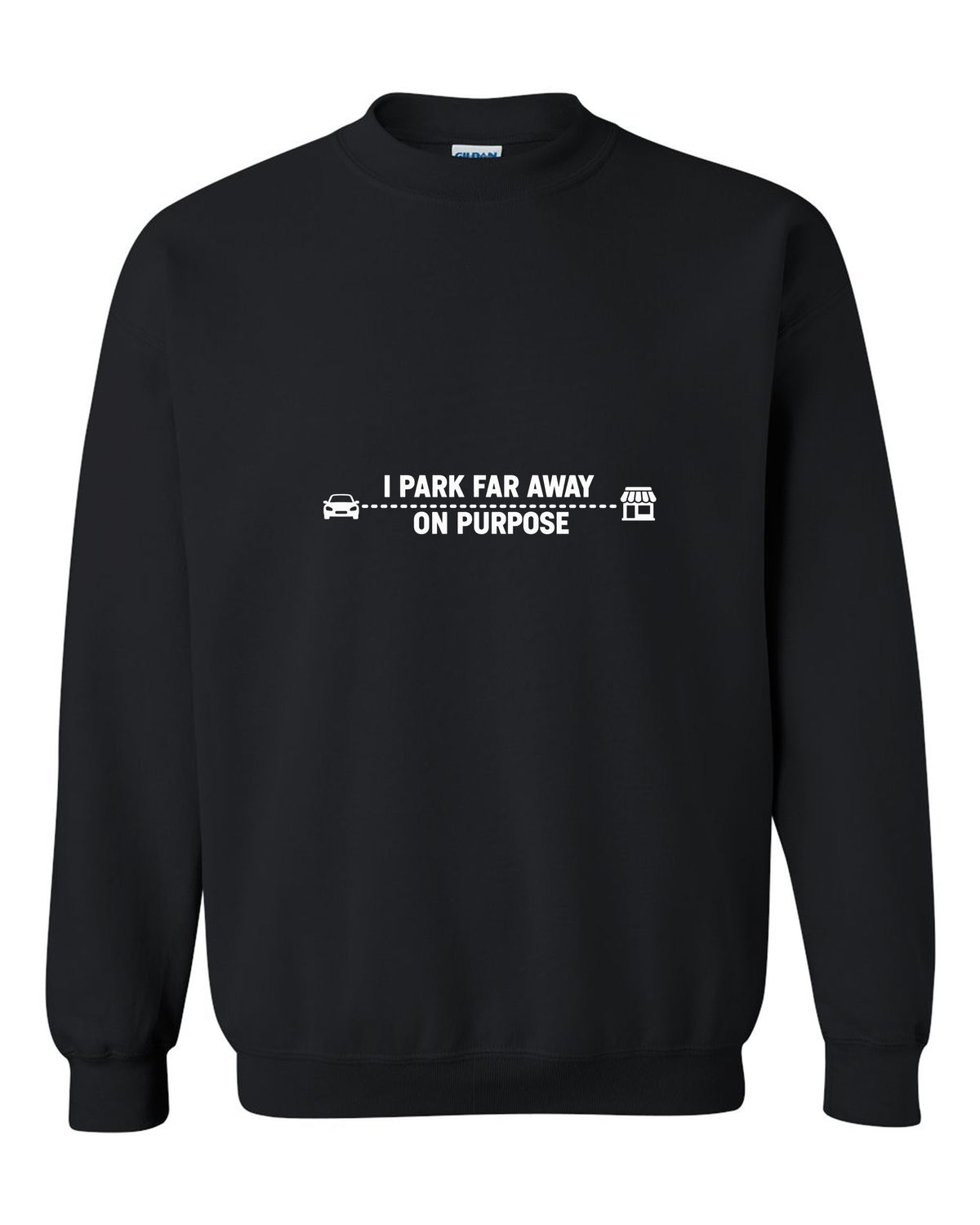 Tiny car and shop joined by a long dotted line black crewneck front view with the design