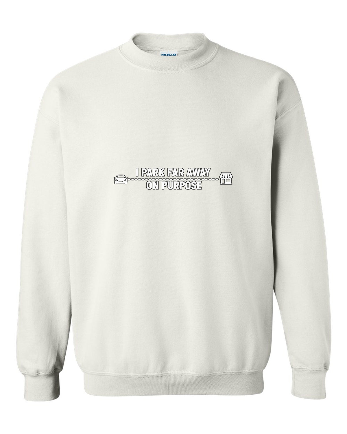 Tiny car and shop joined by a long dotted line white crewneck front view with the design