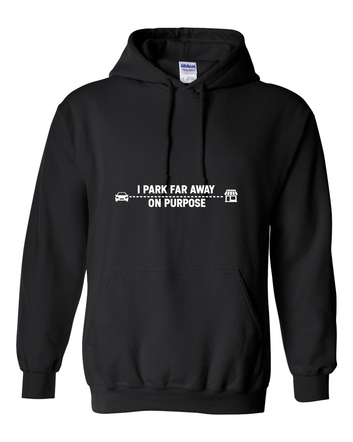 Tiny car and shop joined by a long dotted line black pull over hoodie front view with the design