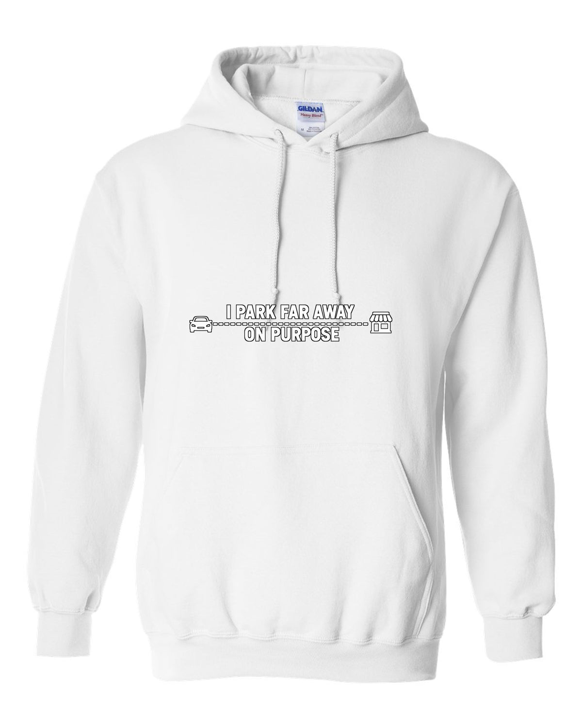 Tiny car and shop joined by a long dotted line white pull over hoodie front view with the design