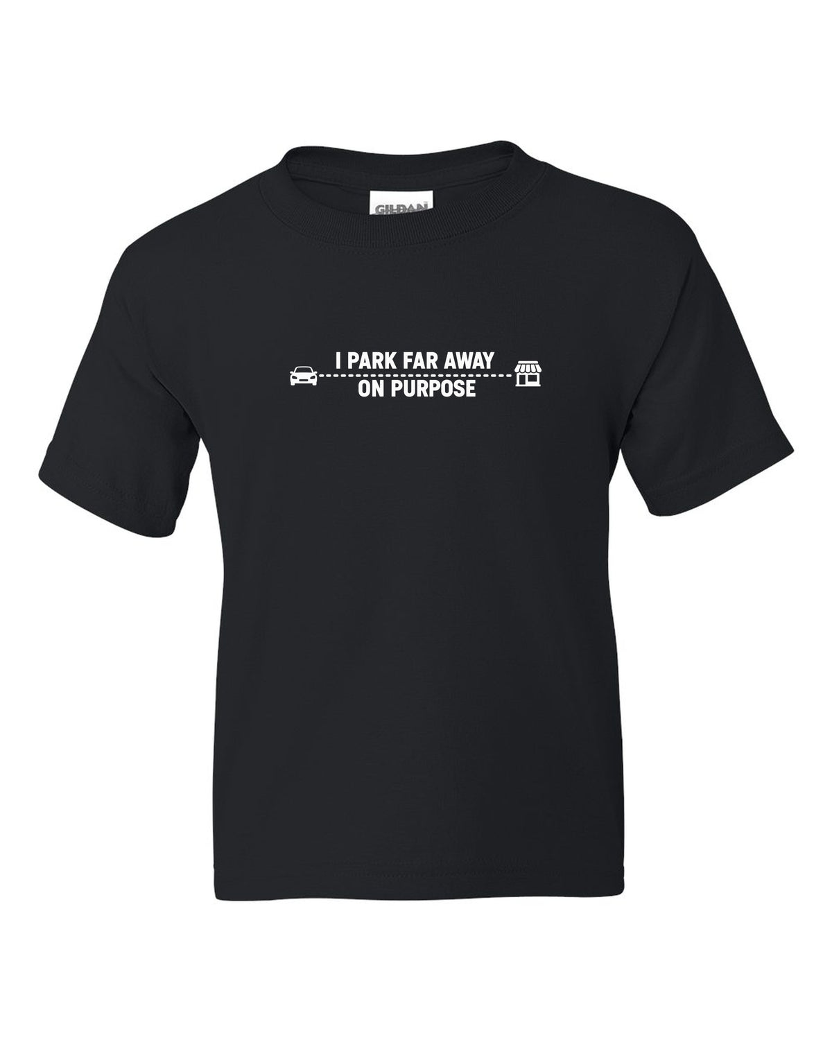 Tiny car and shop joined by a long dotted line black kids tee front view with the design