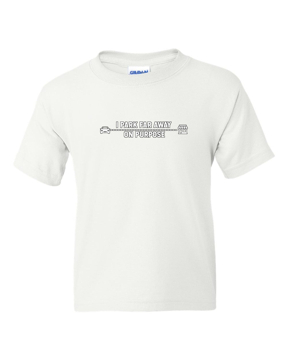 Tiny car and shop joined by a long dotted line white kids tee front view with the design