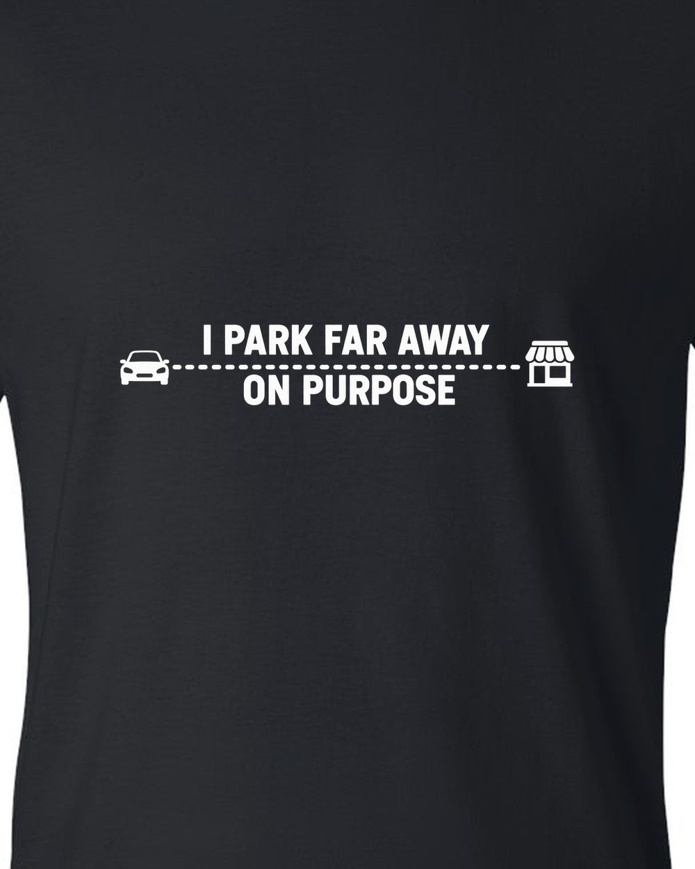 Tiny car and shop joined by a long dotted line black t-shirt close-up