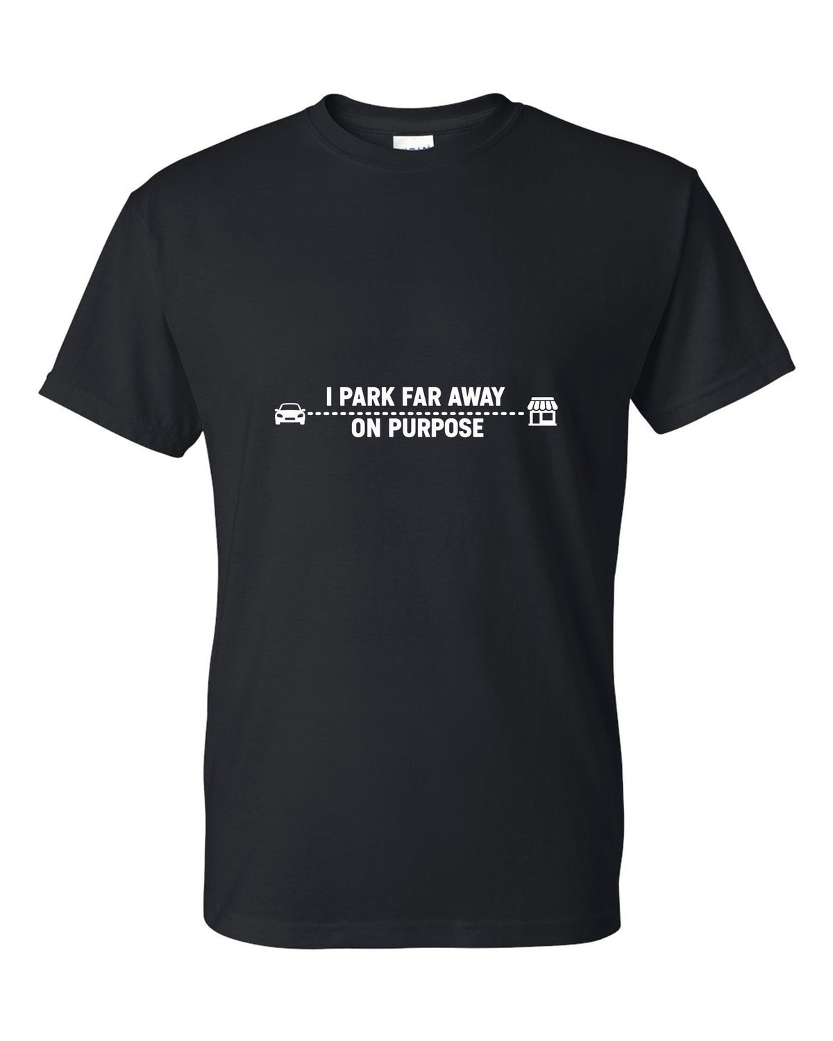 Tiny car and shop joined by a long dotted line black t-shirt front view with the design