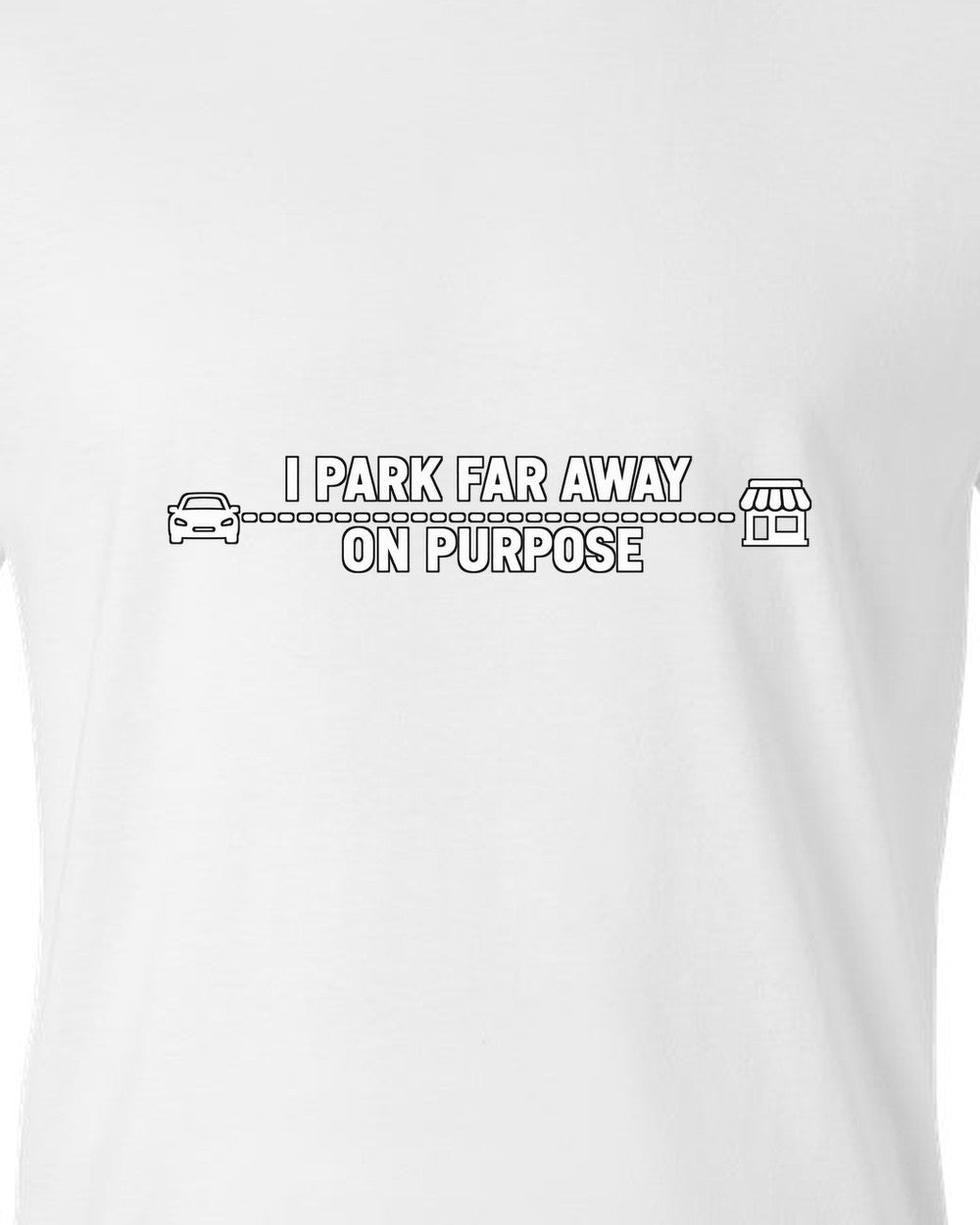 Tiny car and shop joined by a long dotted line white t-shirt close-up