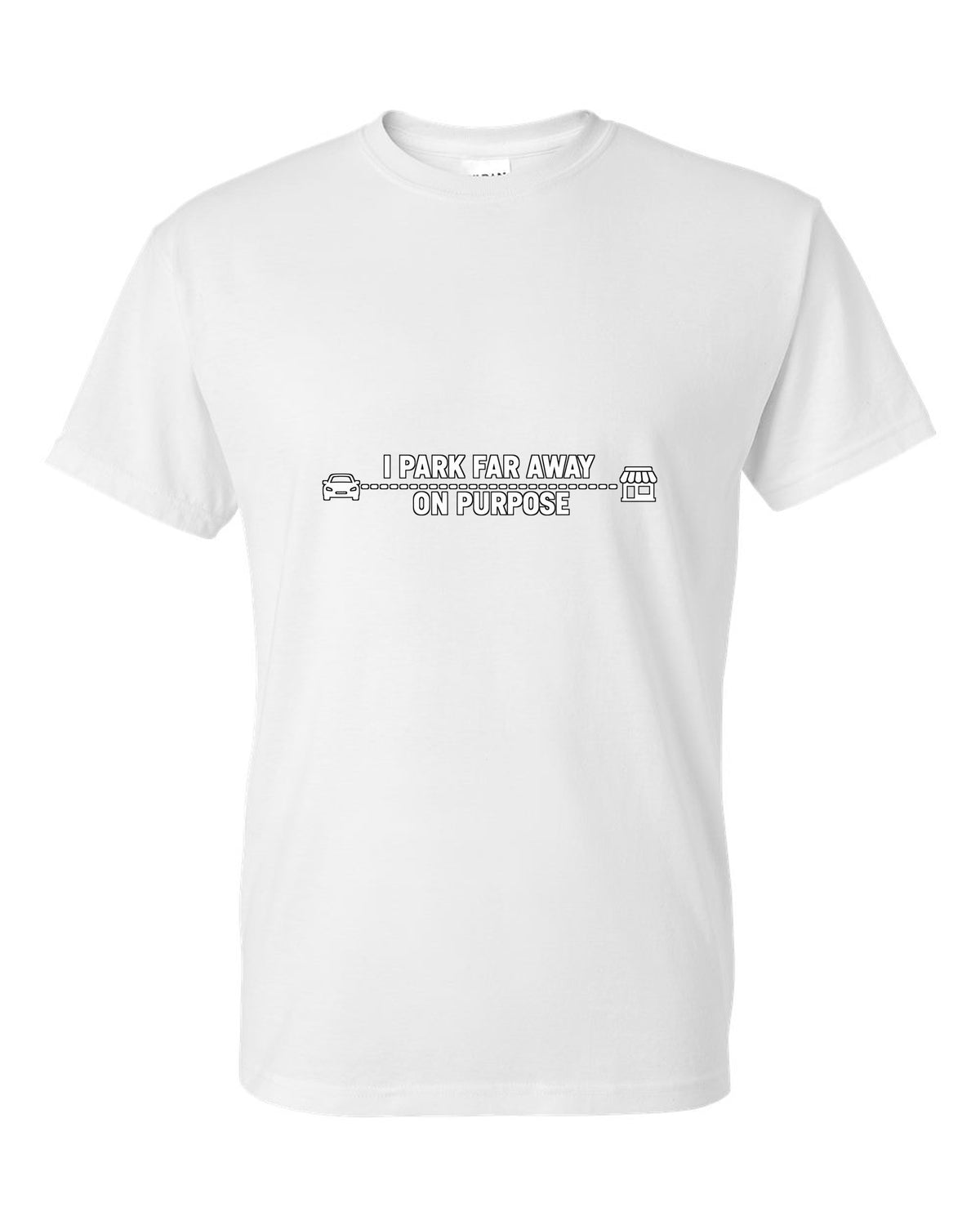 Tiny car and shop joined by a long dotted line white t-shirt front view with the design