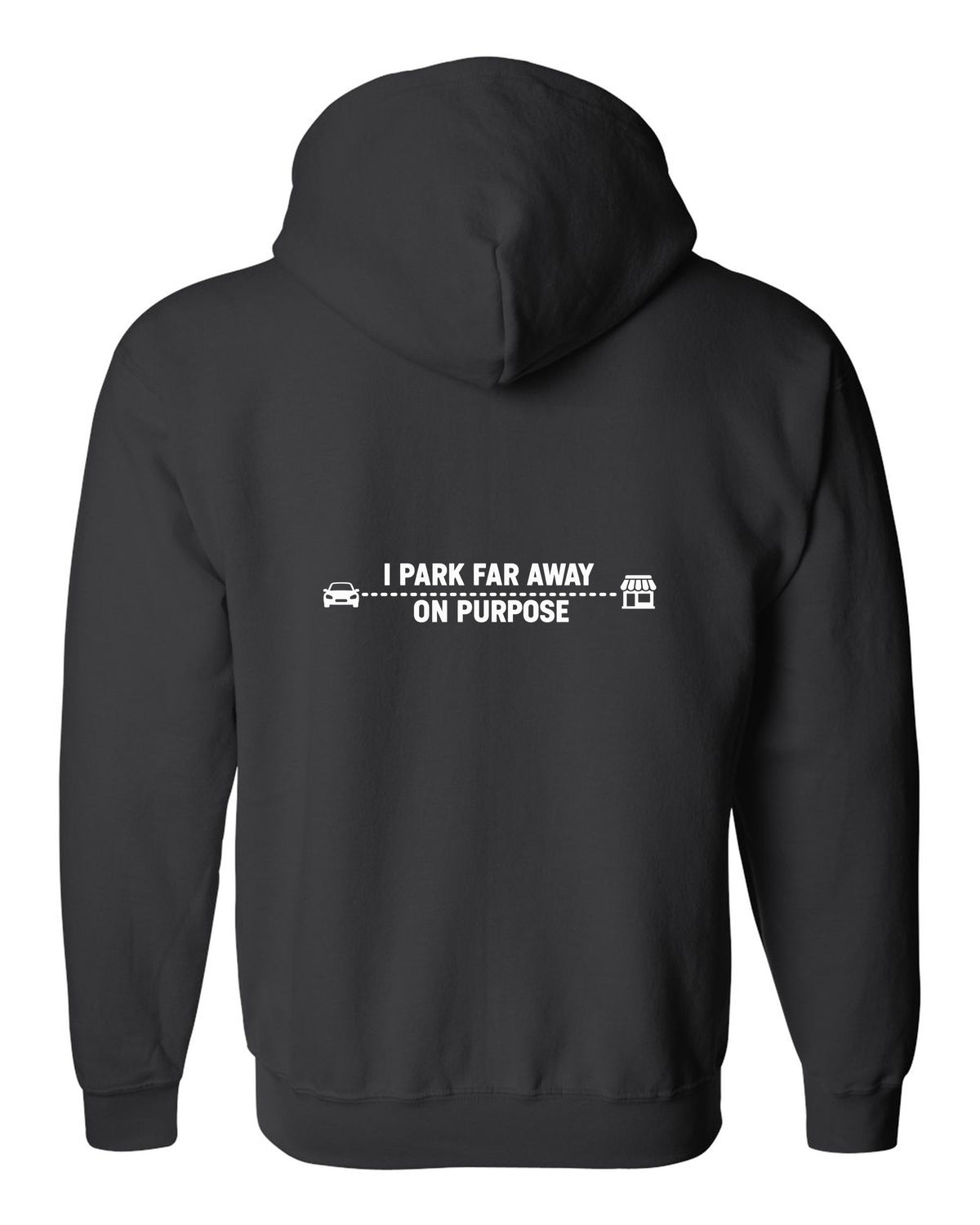 Tiny car and shop joined by a long dotted line black zip hoodie back view with the design