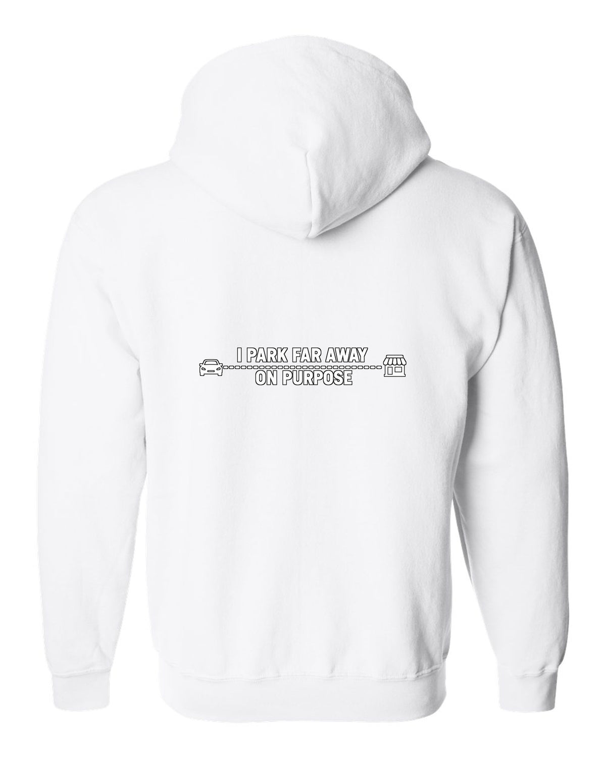 Tiny car and shop joined by a long dotted line white zip hoodie back view with the design