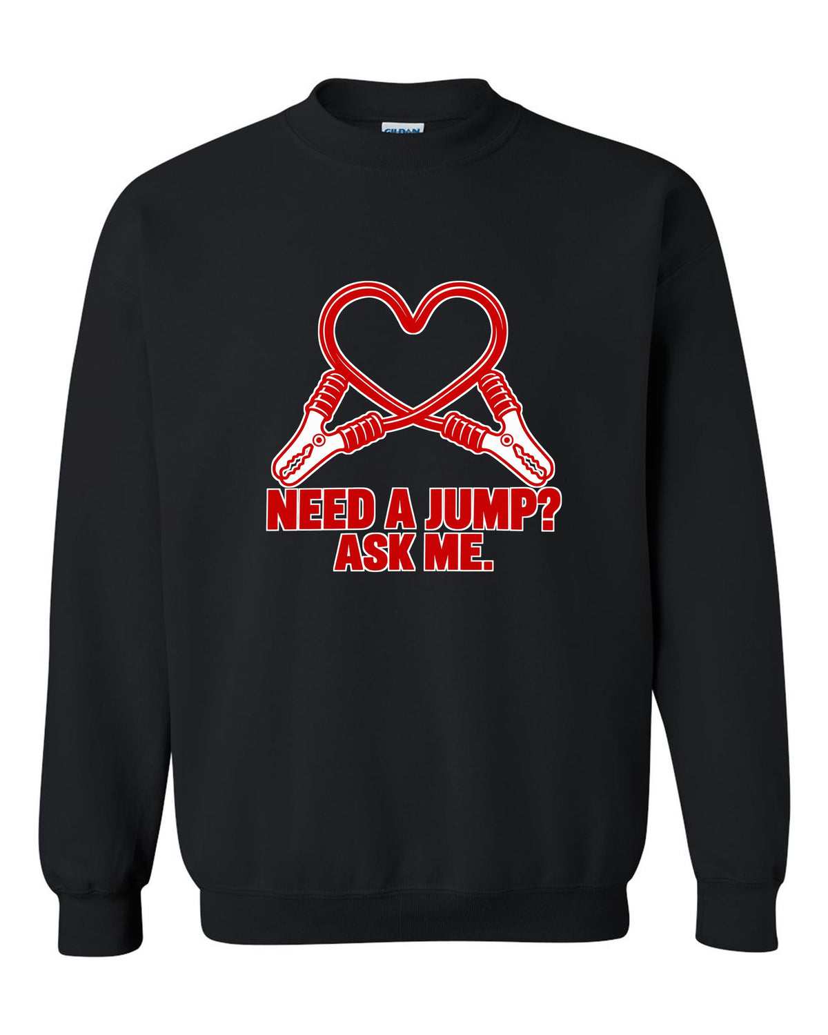 Jumper cable clamps curling into a red heart black crewneck front view with the design