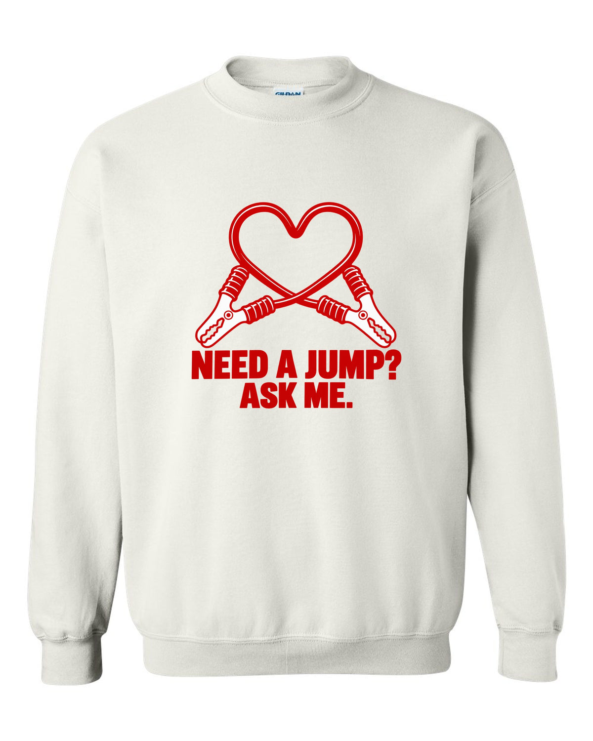 Jumper cable clamps curling into a red heart white crewneck front view with the design