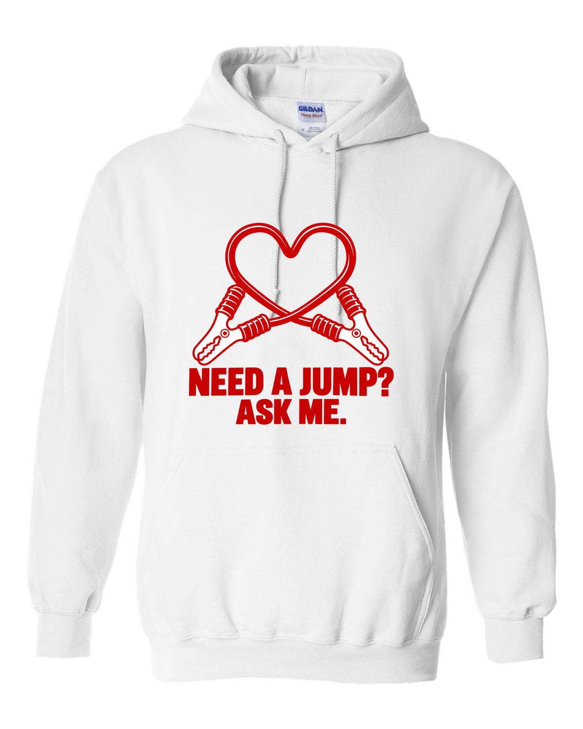 Jumper cable clamps curling into a red heart white pull over hoodie front view with the design