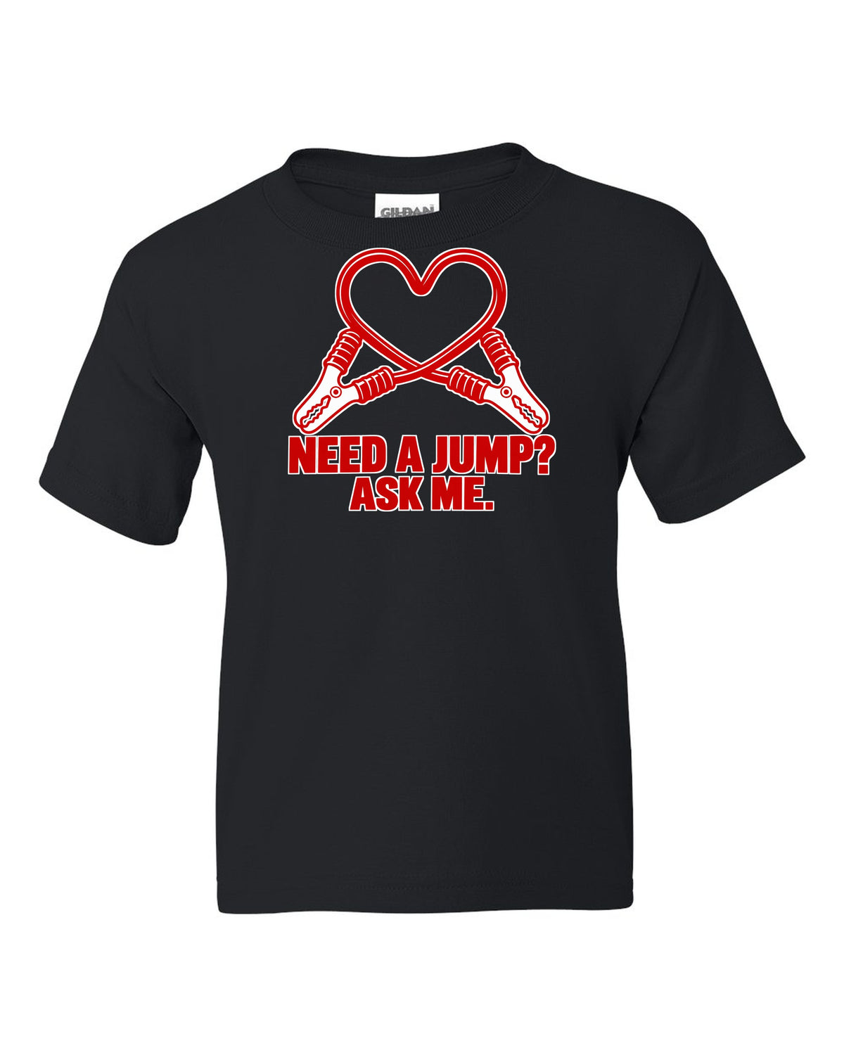 Jumper cable clamps curling into a red heart black kids tee front view with the design