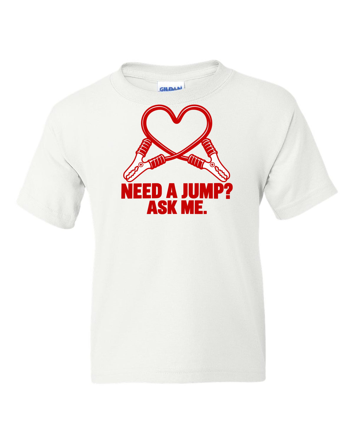 Jumper cable clamps curling into a red heart white kids tee front view with the design