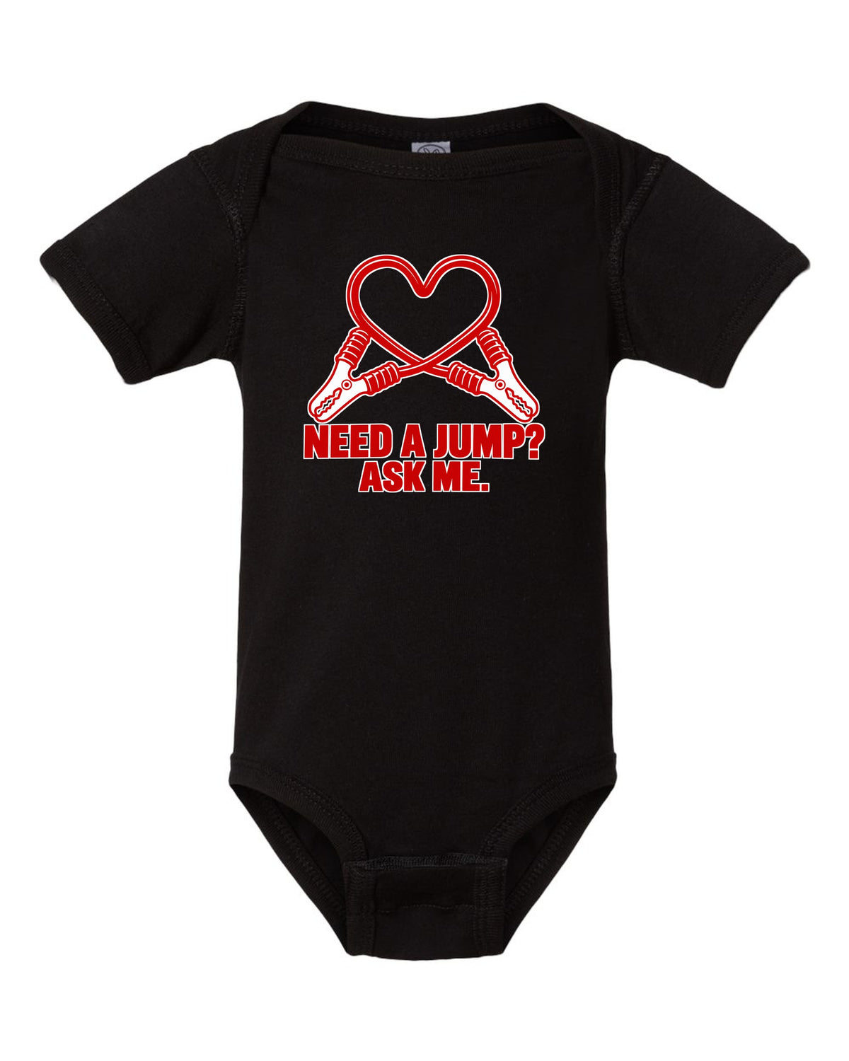 Funny Jumper Cable Heart Shirt for Car Guys black baby onesie front view with the design