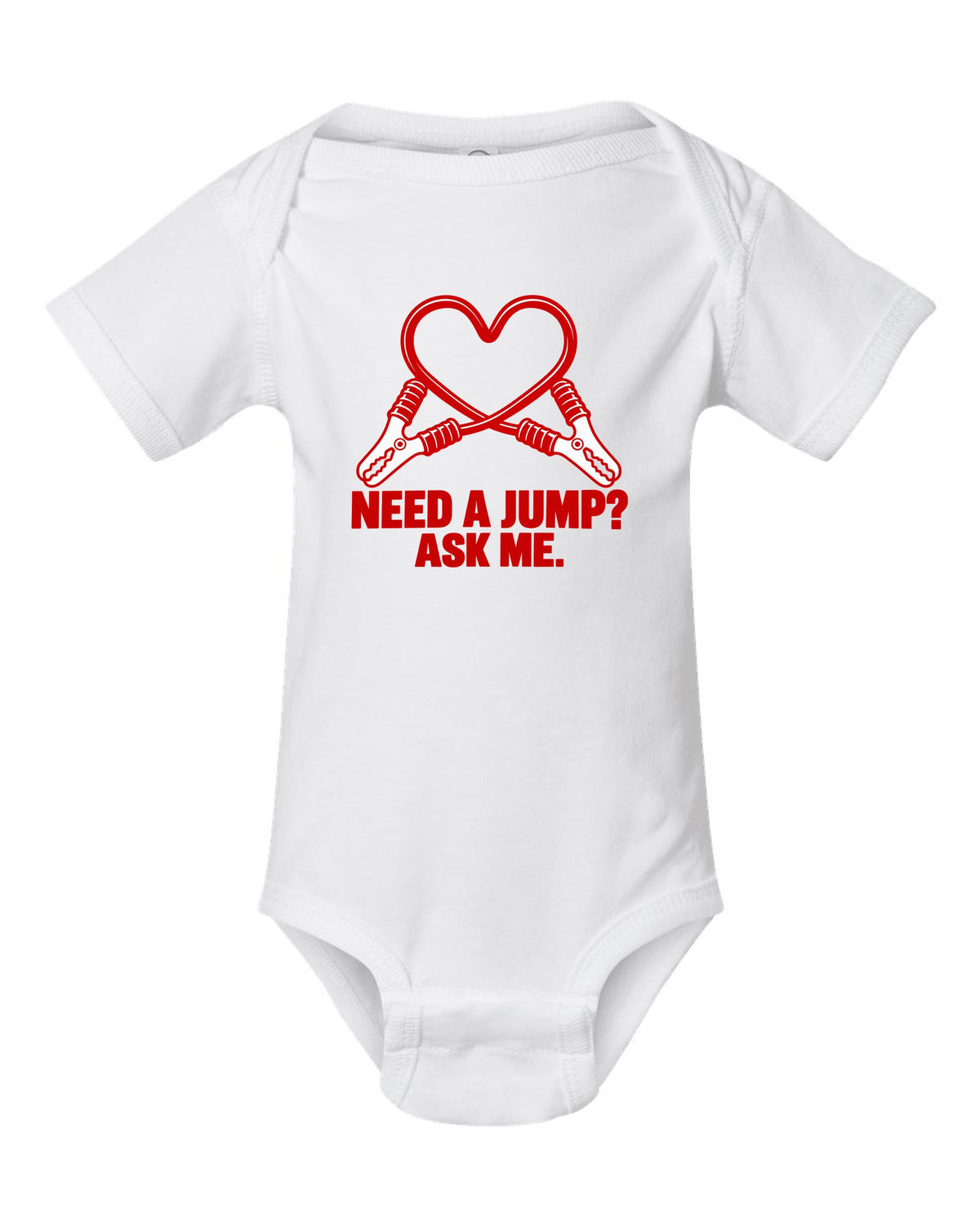 Funny Jumper Cable Heart Shirt for Car Guys white baby onesie front view with the design