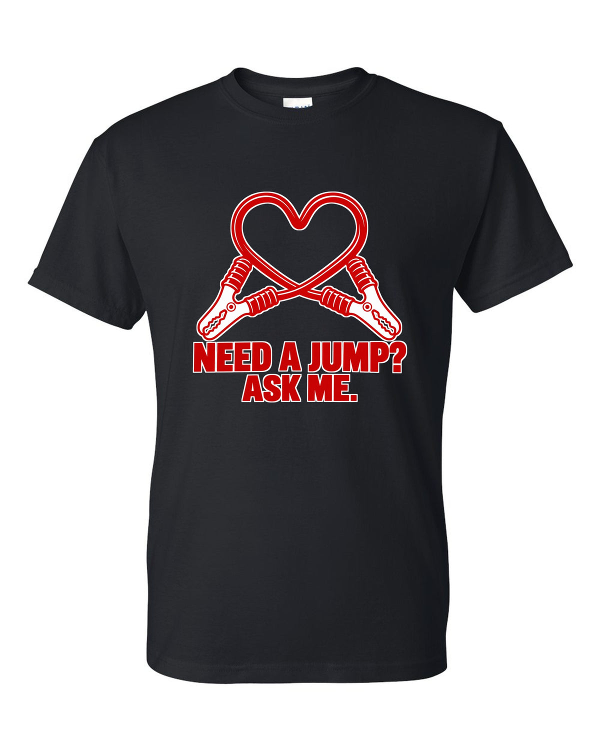 Jumper cable clamps curling into a red heart black t-shirt front view with the design