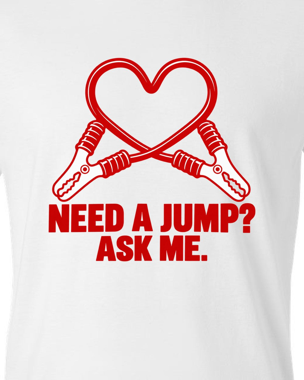 Jumper cable clamps curling into a red heart white t-shirt close-up