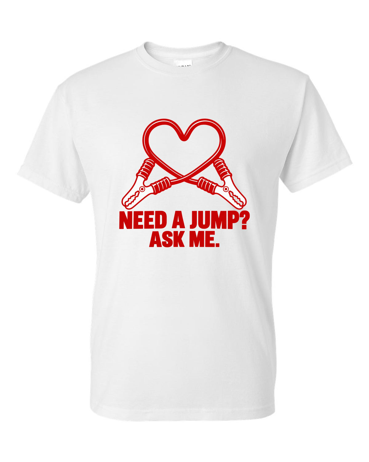 Jumper cable clamps curling into a red heart white t-shirt front view with the design