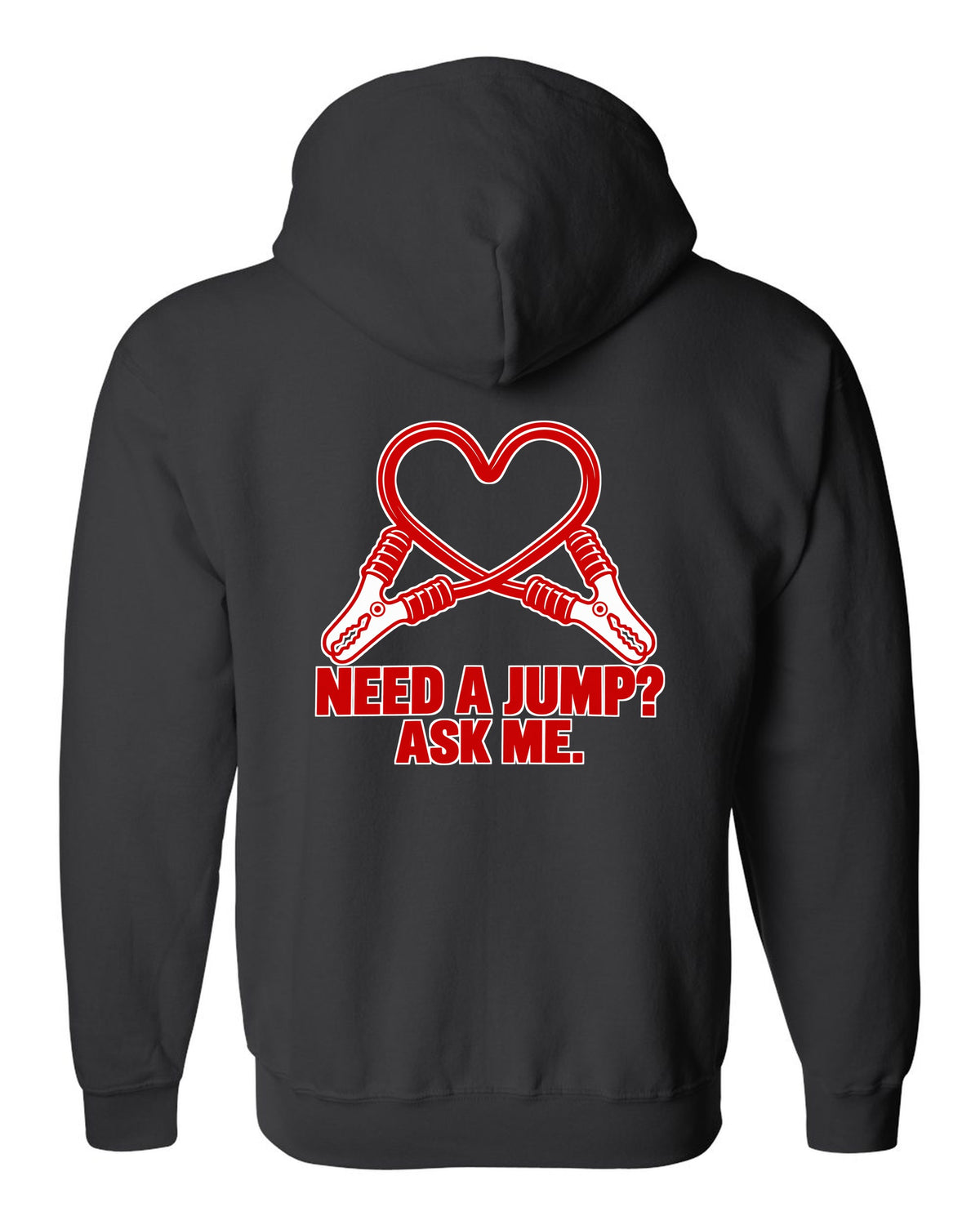 Jumper cable clamps curling into a red heart black zip hoodie back view with the design