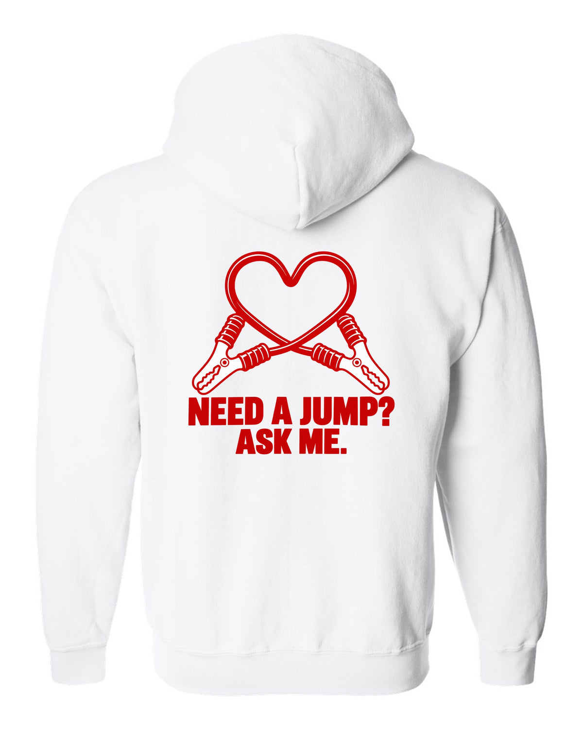 Jumper cable clamps curling into a red heart white zip hoodie back view with the design