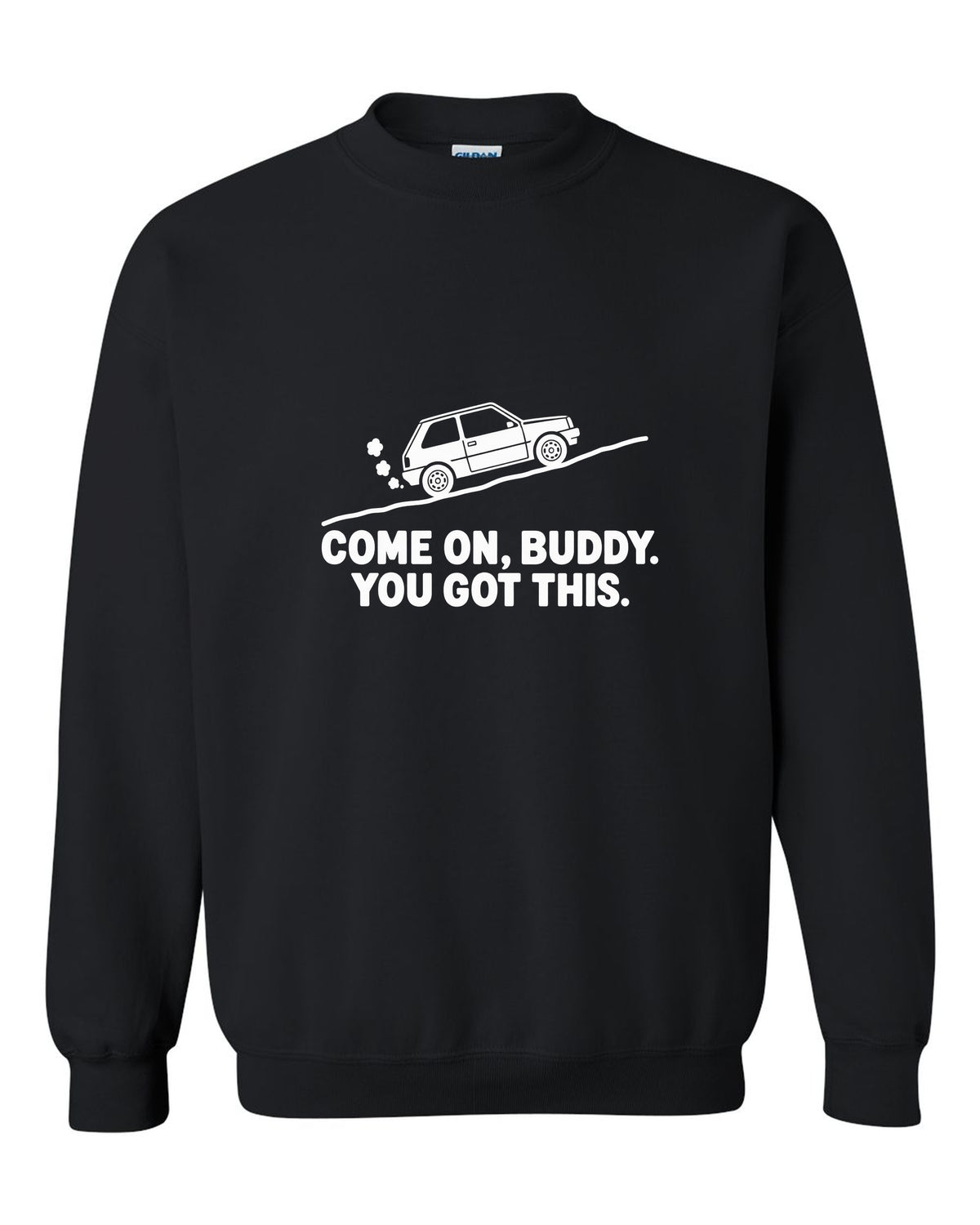 Tiny boxy car climbing a steep hill with steam puffs black crewneck front view with the design