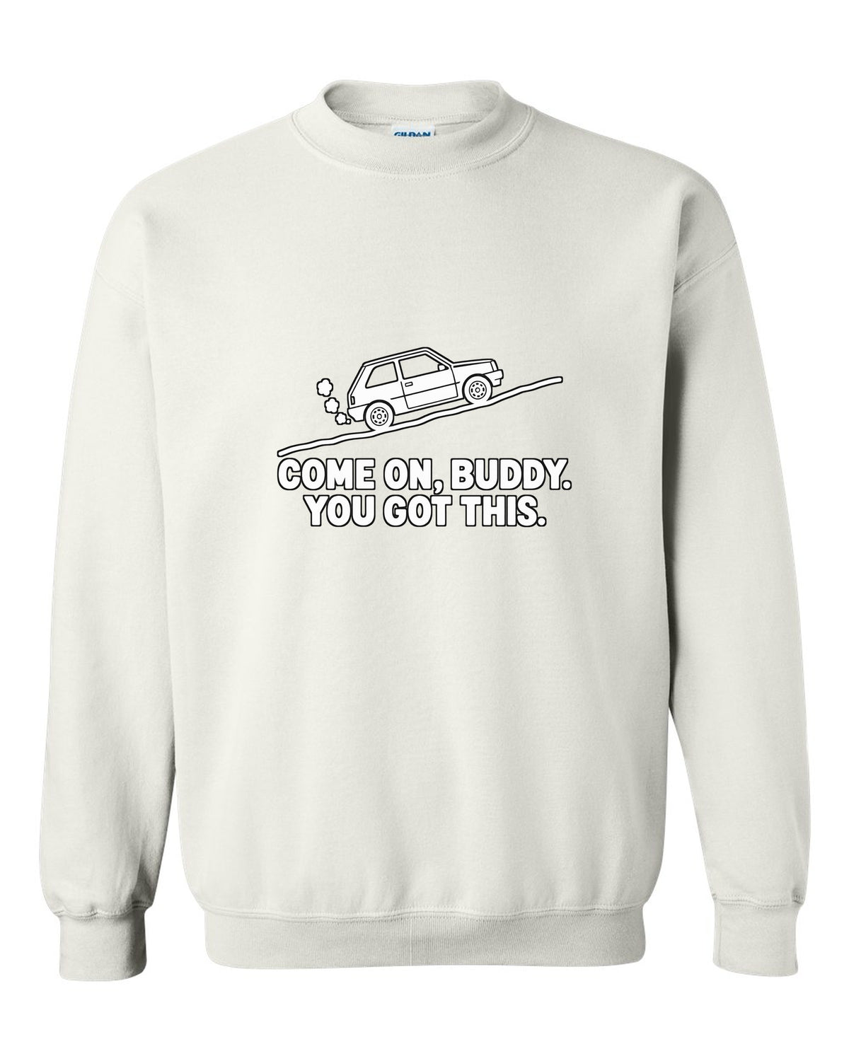 Tiny boxy car climbing a steep hill with steam puffs white crewneck front view with the design