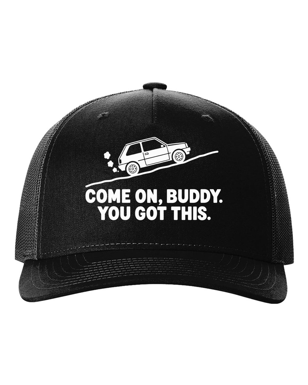 Tiny boxy car climbing a steep hill with steam puffs black hat front view with the design