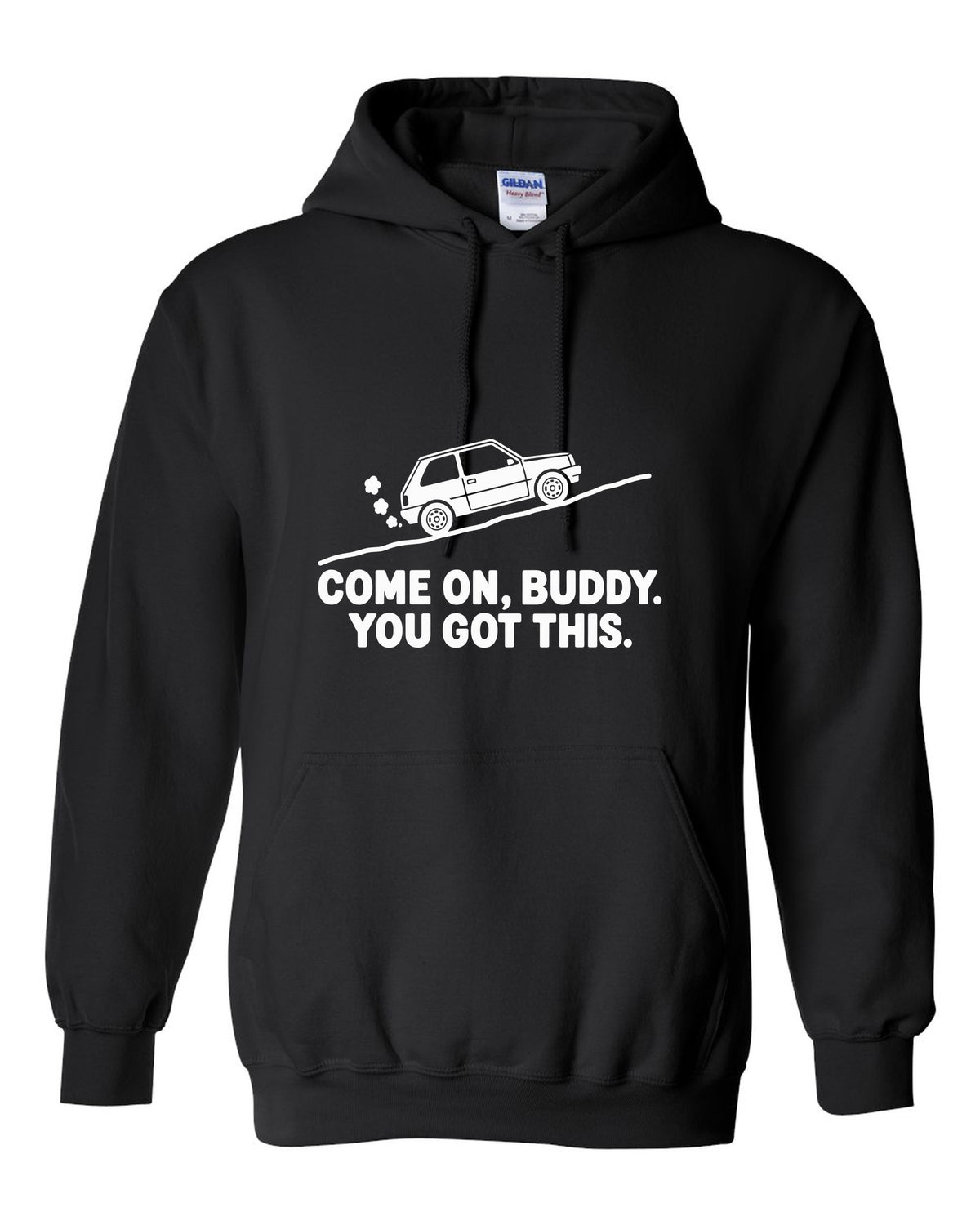 Tiny boxy car climbing a steep hill with steam puffs black pull over hoodie front view with the design