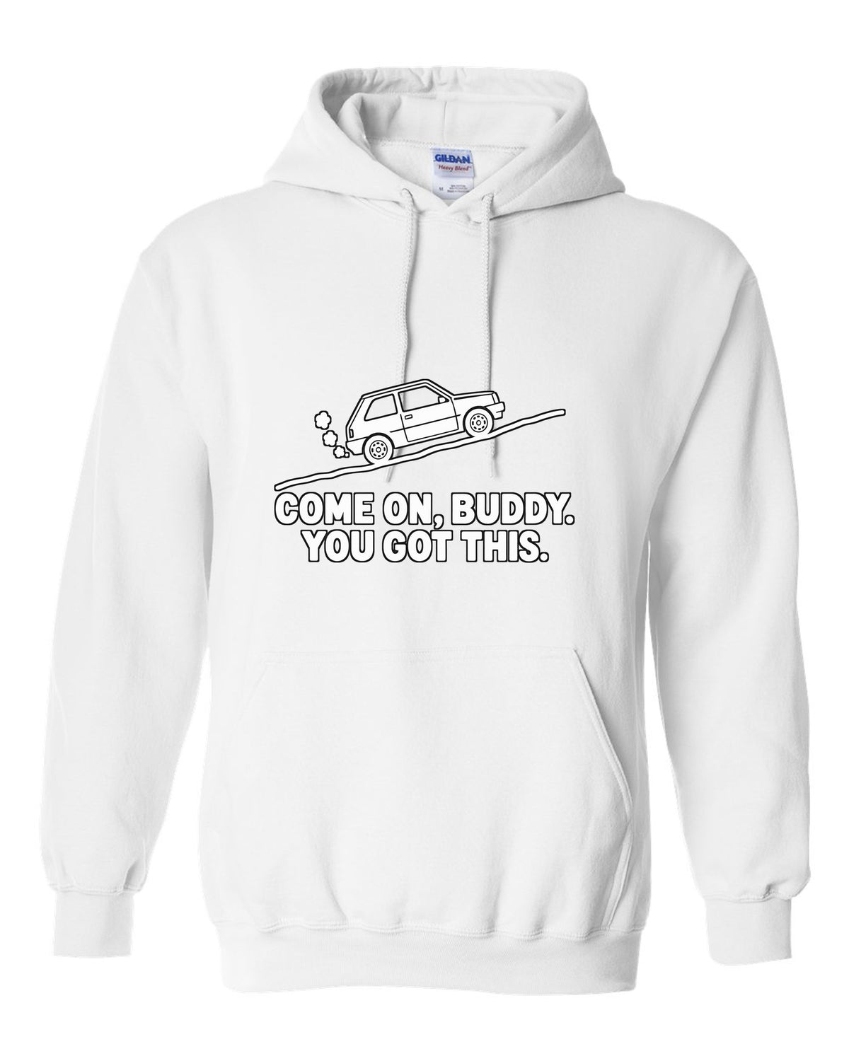 Tiny boxy car climbing a steep hill with steam puffs white pull over hoodie front view with the design