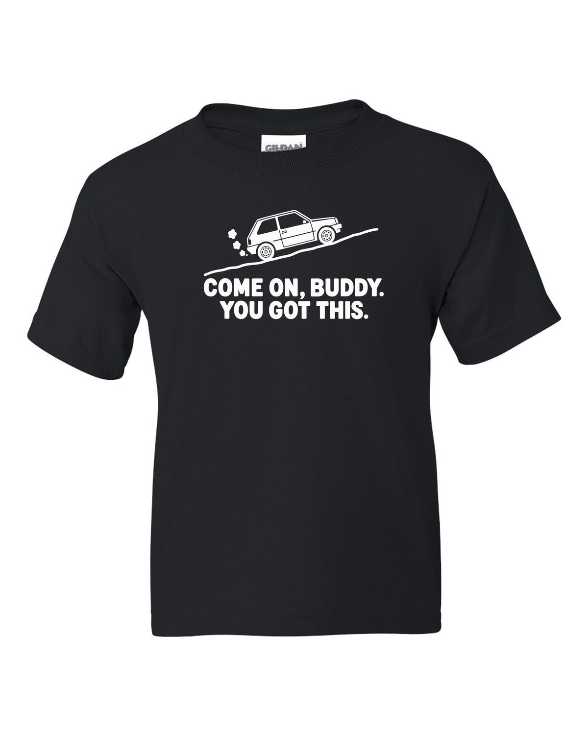 Tiny boxy car climbing a steep hill with steam puffs black kids tee front view with the design
